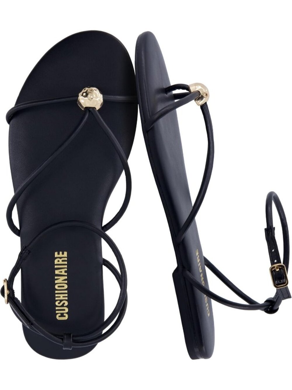 Women's Black Faux Leather Strappy Flats Adjustable Buckle Toe Ring Sandals